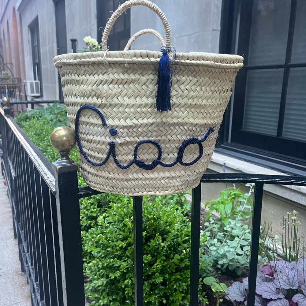 Ciao Natural Straw Tote with Blue Accents